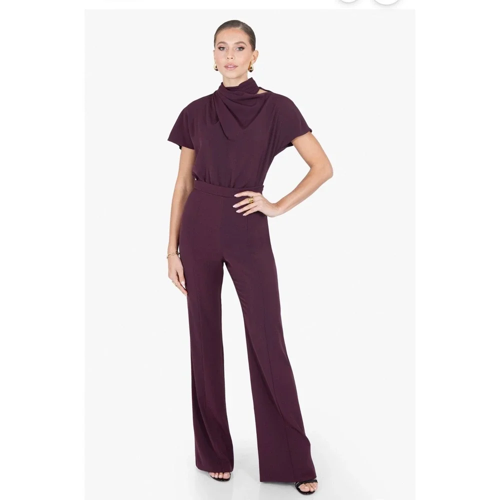NWT $435 Black Halo Estella Jumpsuit Oxblood Draped Mock Neck High Waist Sz 2 - Picture 2 of 15